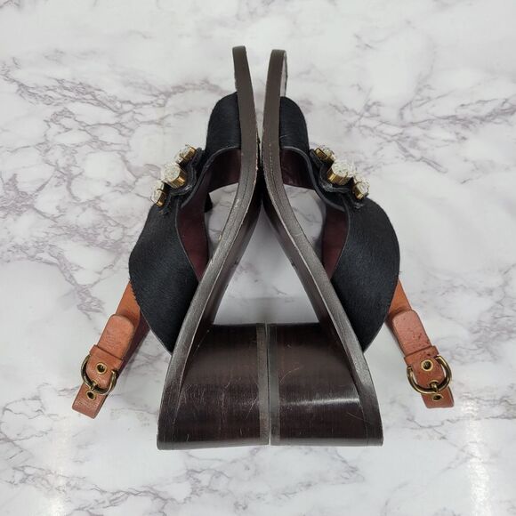 Marc Jacobs Y2K Chunky Heeled Pony Hair Leather Sandals Crystal Rhinestones - Picture 9 of 12